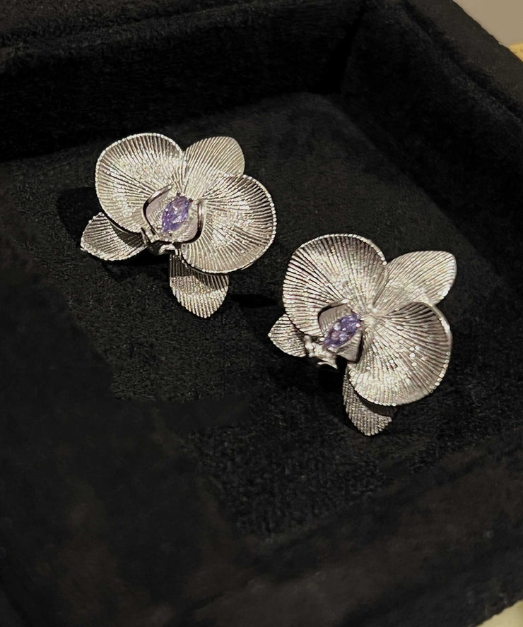 Fine Purple Sterling Silver Crystal Butterfly Orchid Stud Earrings