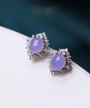 Fine Purple Sterling Silver Inlaid Zircon Jade Stud Earrings