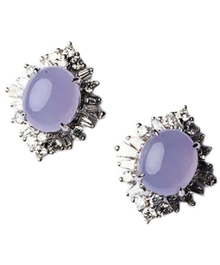 Fine Purple Sterling Silver Inlaid Zircon Jade Stud Earrings