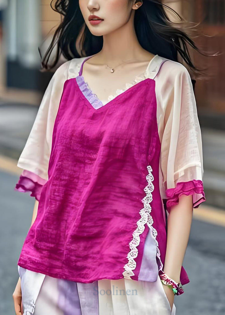 Fine Purple V Neck Lace Patchwork Cotton Top Summer