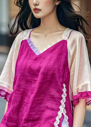 Fine Purple V Neck Lace Patchwork Cotton Top Summer