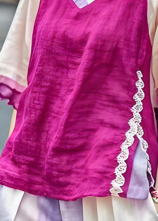 Fine Purple V Neck Lace Patchwork Cotton Top Summer