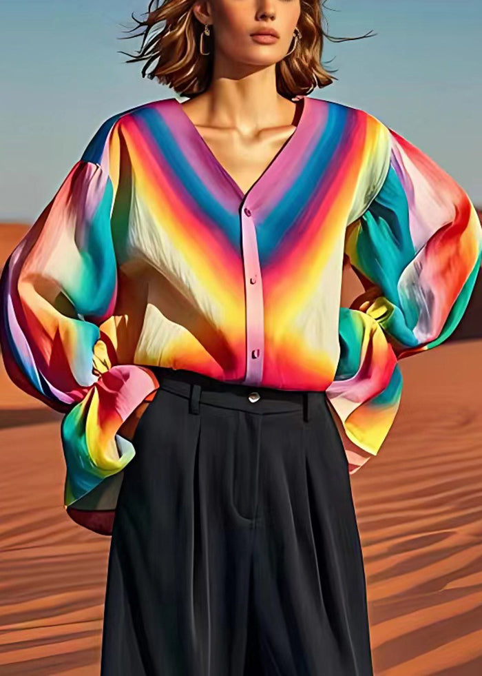 Fine Rainbow Oversized Tie Dye Linen Shirt Tops Lantern Sleeve