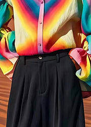 Fine Rainbow Oversized Tie Dye Linen Shirt Tops Lantern Sleeve