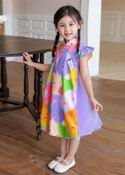 Fine Rainbow Stand Collar Print Button Girls Long Dress Sleeveless