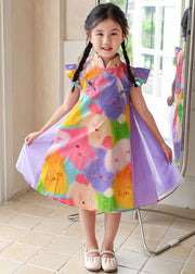 Fine Rainbow Stand Collar Print Button Girls Long Dress Sleeveless