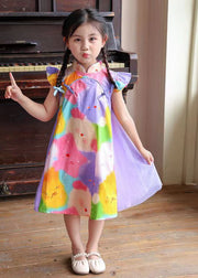 Fine Rainbow Stand Collar Print Button Girls Long Dress Sleeveless