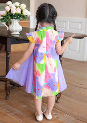 Fine Rainbow Stand Collar Print Button Girls Long Dress Sleeveless