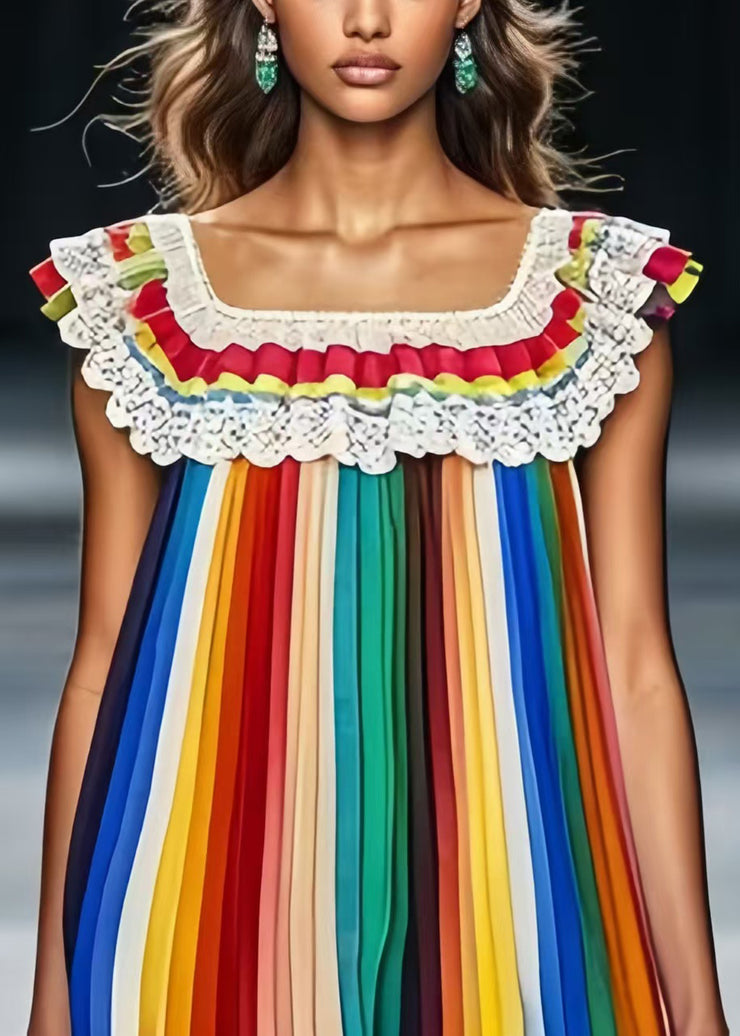 Fine Rainbow Striped Low High Design Chiffon Tea Dress Summer