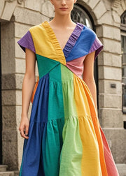 Fine Rainbow Wrinkled Patchwork Cotton Tea Dress Summer