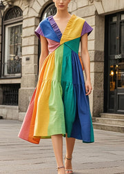 Fine Rainbow Wrinkled Patchwork Cotton Tea Dress Summer