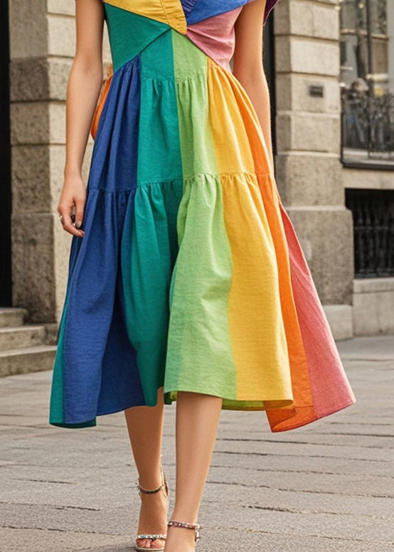 Fine Rainbow Wrinkled Patchwork Cotton Tea Dress Summer