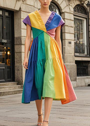 Fine Rainbow Wrinkled Patchwork Cotton Tea Dress Summer