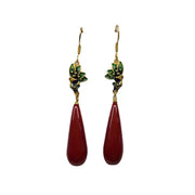 Fine Red Antique Gold Cloisonne Cinnabar Water Drop Drop Earrings