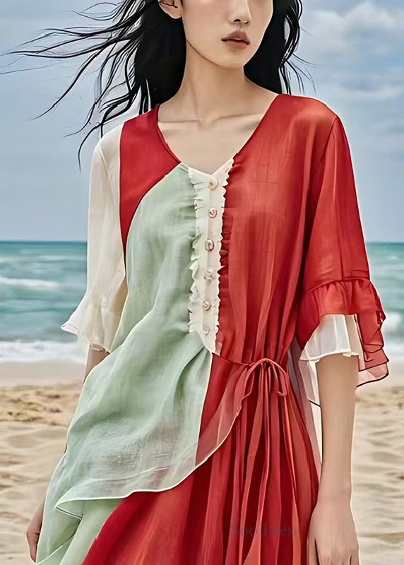 Fine Red Asymmetrical Patchwork Cotton Party Dress Summer