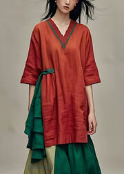 Fine Red Asymmetrical Patchwork Cotton Shirt Tops Summer