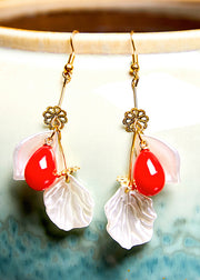 Fine Red Droplet Shape Coral And Shell Drop Earrings