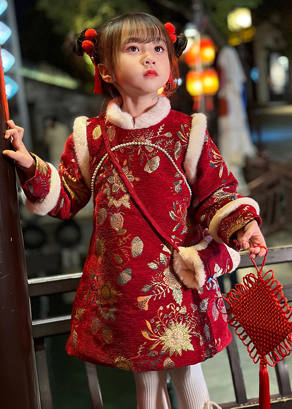 Fine Red Fur Collar Print Kids Long Dress Winter