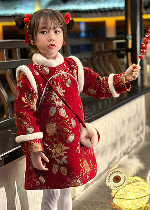 Fine Red Fur Collar Print Kids Long Dress Winter