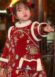 Fine Red Fur Collar Print Kids Long Dress Winter