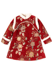 Fine Red Fur Collar Print Kids Long Dress Winter