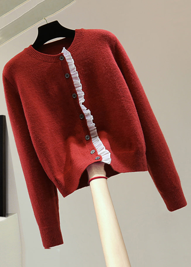 Fine Red O-Neck Chiffon Patchwork Thick Cotton Knit Sweater Winter