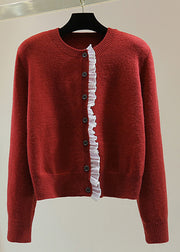 Fine Red O-Neck Chiffon Patchwork Thick Cotton Knit Sweater Winter