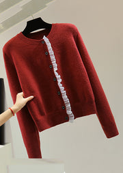 Fine Red O-Neck Chiffon Patchwork Thick Cotton Knit Sweater Winter