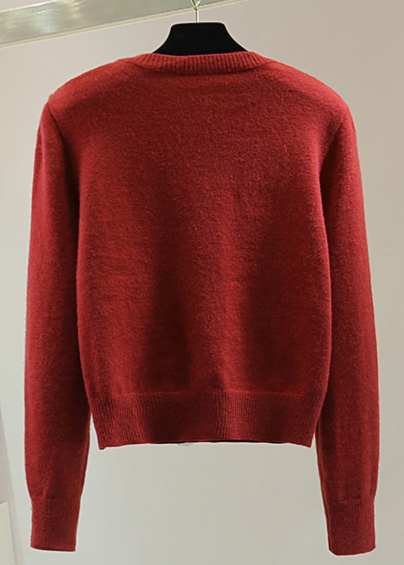 Fine Red O-Neck Chiffon Patchwork Thick Cotton Knit Sweater Winter