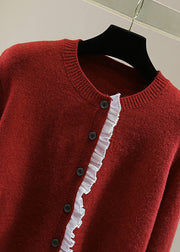 Fine Red O-Neck Chiffon Patchwork Thick Cotton Knit Sweater Winter