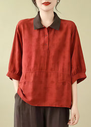 Fine Red Oversized Print Linen Blouses Bracelet Sleeve