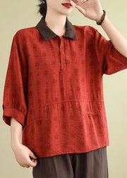 Fine Red Oversized Print Linen Blouses Bracelet Sleeve