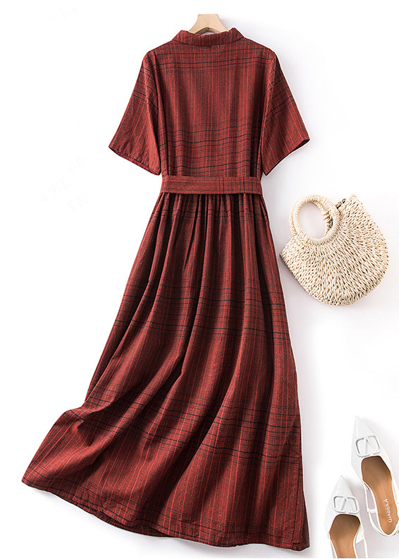 Fine Red Peter Pan Collar Plaid Tie Waist Linen Dresses Summer