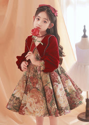 Fine Red Peter Pan Collar Print Nail Bead Kids Maxi Dress Spring