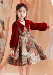 Fine Red Peter Pan Collar Print Nail Bead Kids Maxi Dress Spring