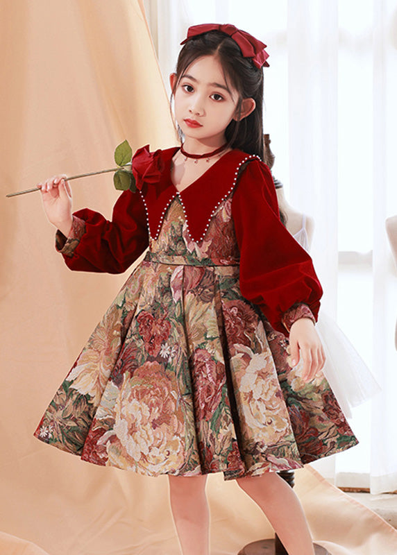 Fine Red Peter Pan Collar Print Nail Bead Kids Maxi Dress Spring