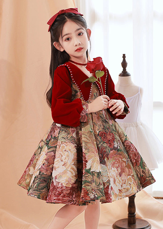 Fine Red Peter Pan Collar Print Nail Bead Kids Maxi Dress Spring