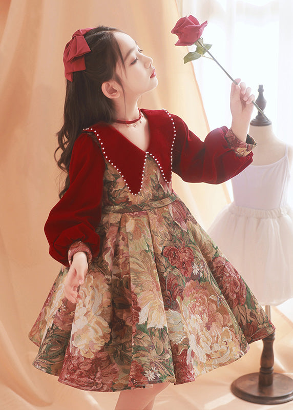 Fine Red Peter Pan Collar Print Nail Bead Kids Maxi Dress Spring