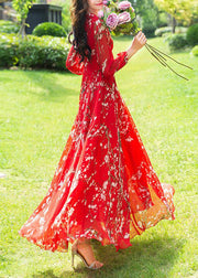 Fine Red Print Slim Chiffon Vacation Long Dresses Long Sleeve