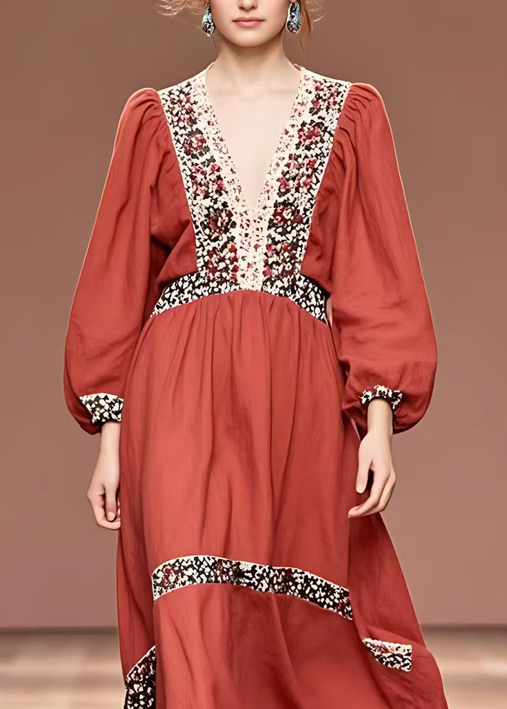 Fine Red Print Wrinkled Maxi Dress Fall