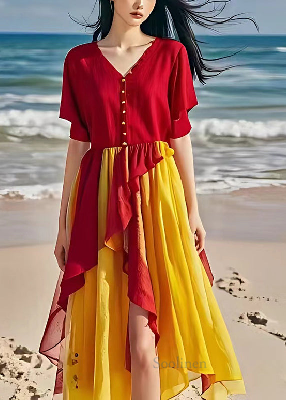 Fine Red Ruffled Patchwork Linen Beach Dress Summer
