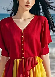 Fine Red Ruffled Patchwork Linen Beach Dress Summer