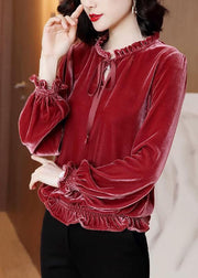 Fine Red Ruffled Solid Lace Up Silk Velour Shirts Long Sleeve