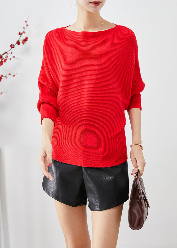 Fine Red Slash Neck Oversized Knit Sweater Tops Batwing Sleeve