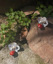 Fine Red Sterling Silver Floral Pearl Red Beans Drop Earrings