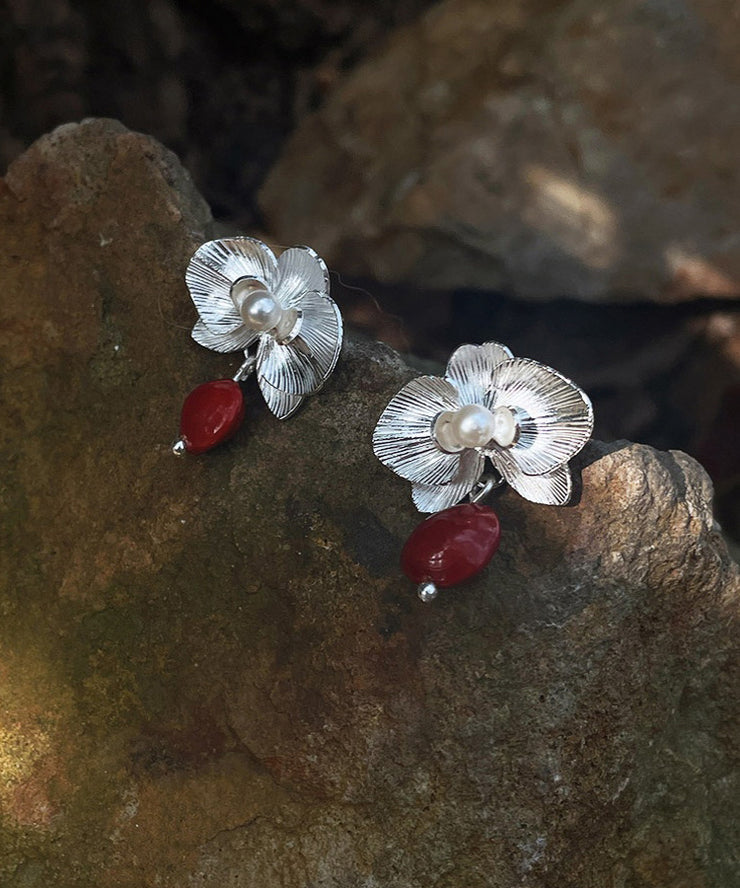 Fine Red Sterling Silver Floral Pearl Red Beans Drop Earrings