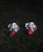 Fine Red Sterling Silver Floral Pearl Red Beans Drop Earrings