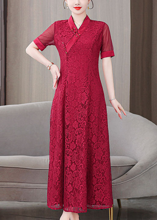 Fine Red V Neck Lace Embroidered Long Dresses Summer