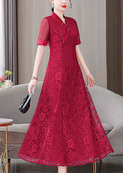 Fine Red V Neck Lace Embroidered Long Dresses Summer