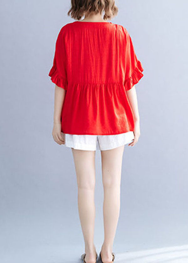 Fine Red V Neck Patchwork Ruffled Cotton T Shirt Short Sleeve